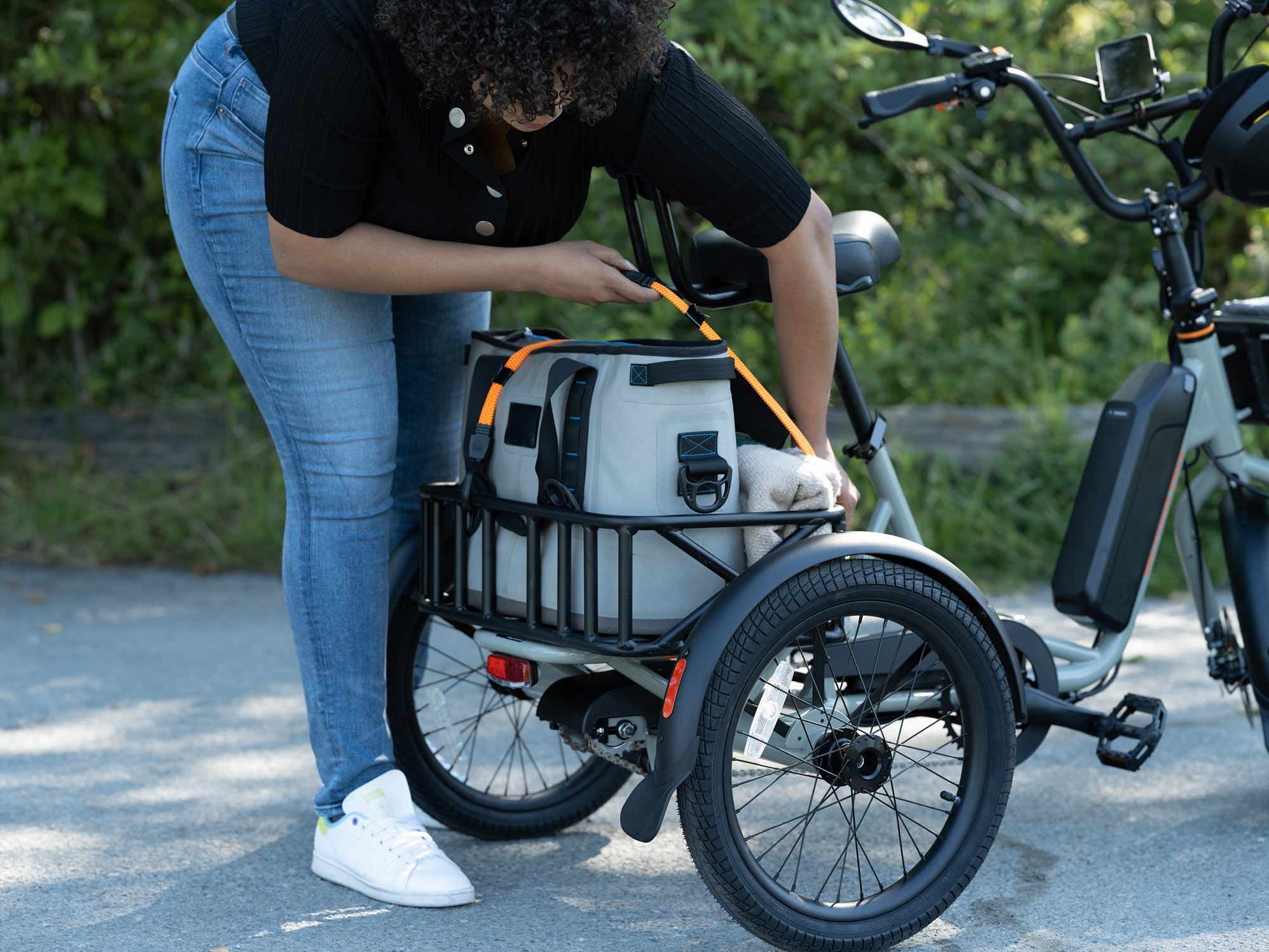 The RadTrike’s rear rack is compatible with Rad Power’s line of baskets and carriers.